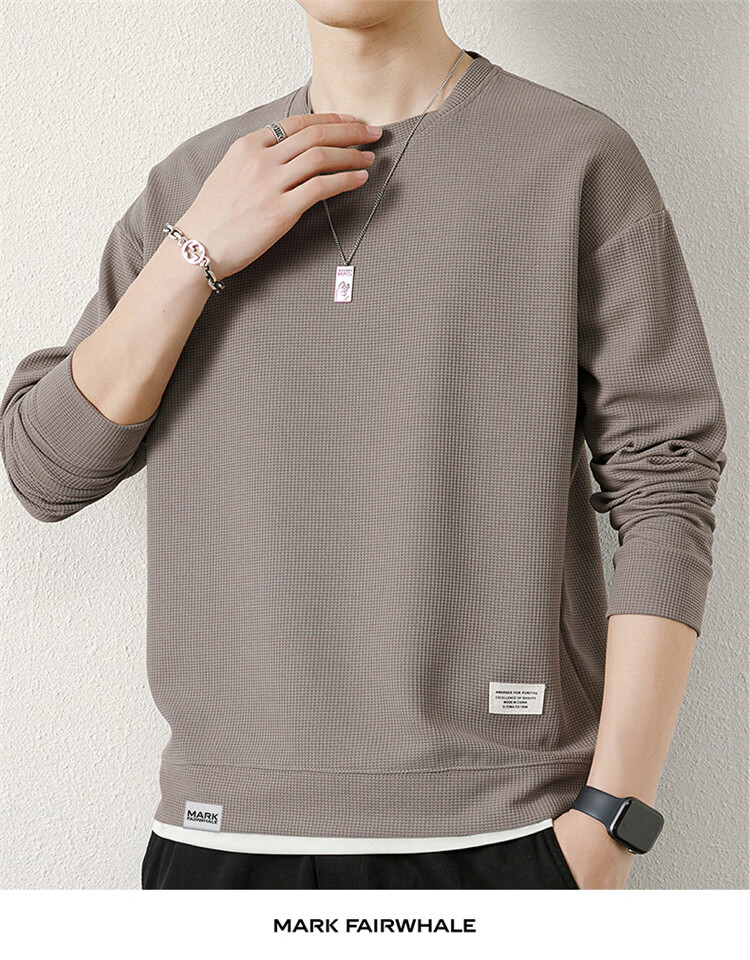 MARK FAIRWHALE Men's Spring and Autumn Waffle Knit Casual Crew Neck Long Sleeve T-Shirt White XL 13