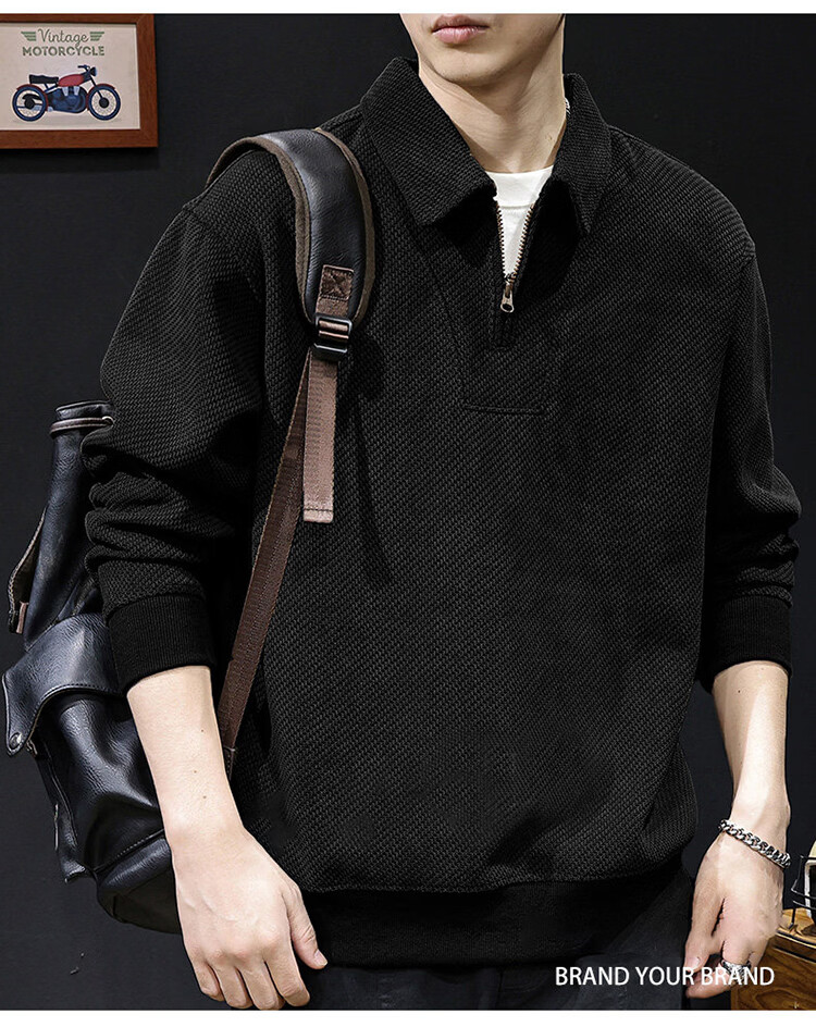 JEEP Men's Heavyweight Spring Autumn High-End Loose Long Sleeve Polo Shirt Black 3XL 13