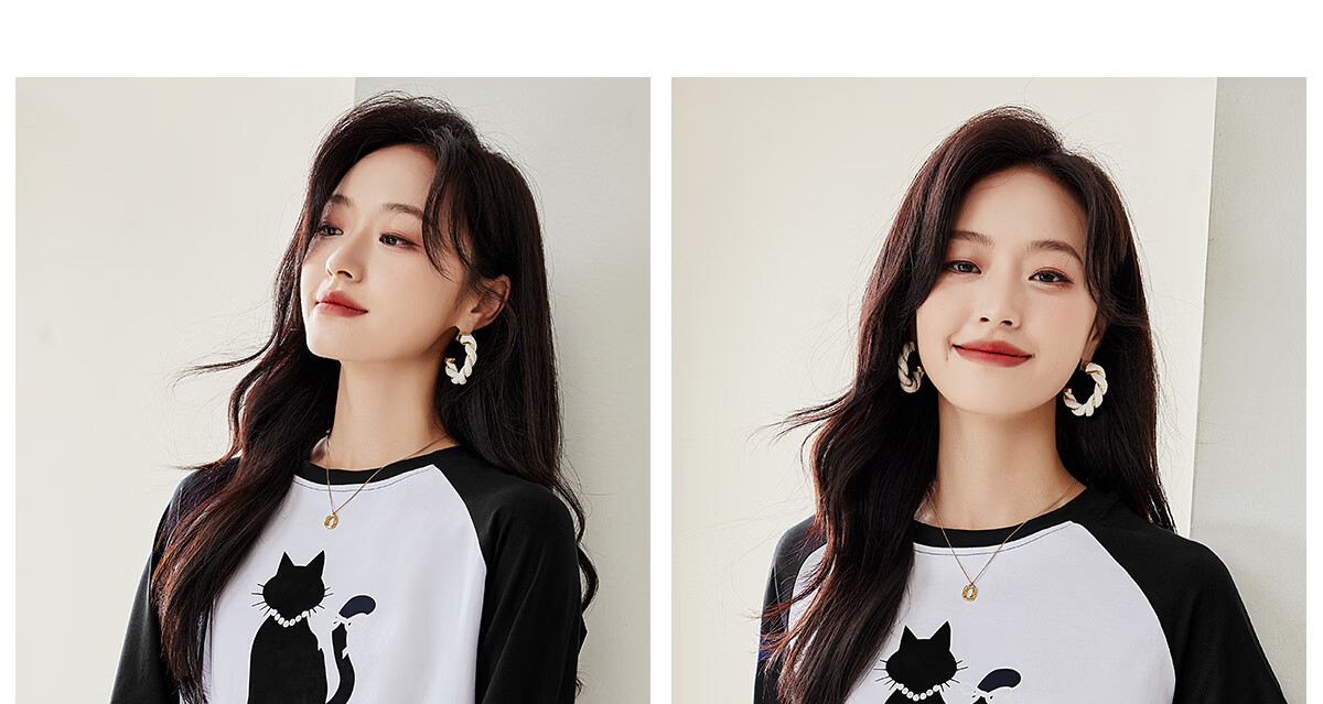 Pincai Women's Long Sleeve T-Shirt Cute Cat Print Colorblock Crew Neck Raglan Sleeve Trendy Top P143T2027 30