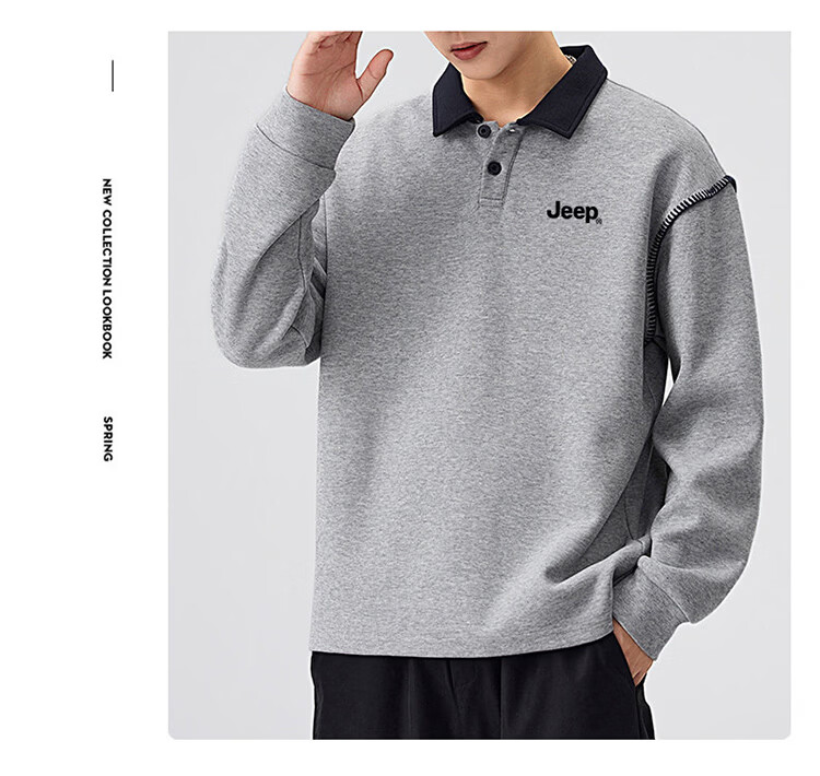 JEEP Men's Spring Autumn Polo Collar Loose Long Sleeve Base Shirt Dark Gray 3XL 10
