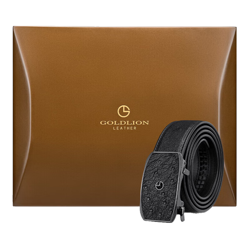 Goldlion Belt with Automatic Buckle, Inner Buckle Waistband, Ostrich Leather, High-End Wooden Gift Box, Trouser Belt, Birthday Gift for Gifting