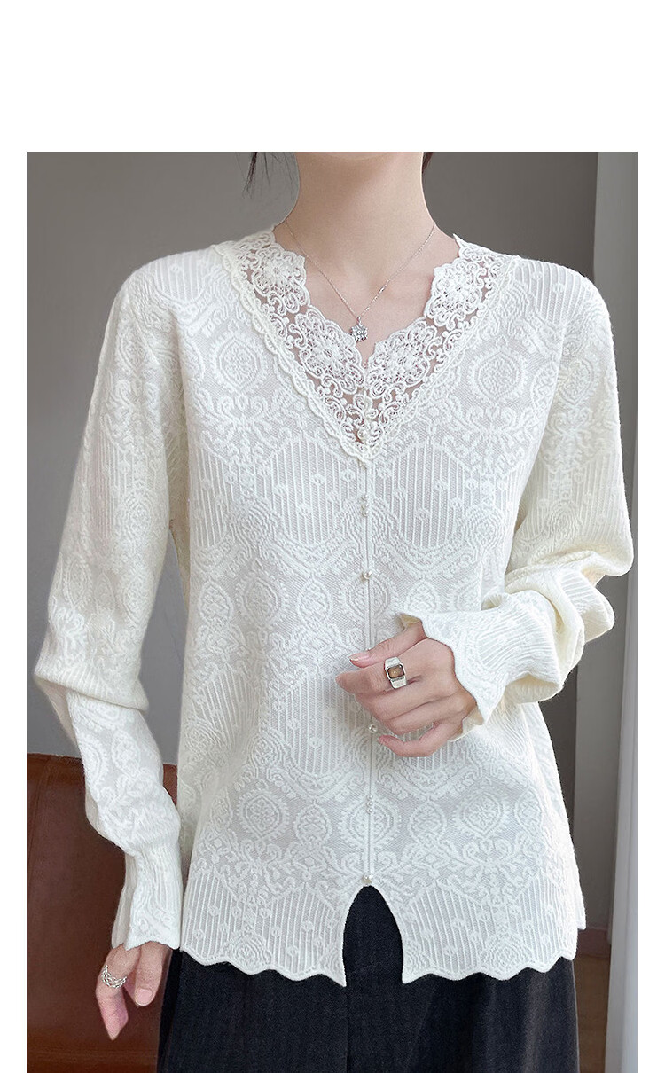 Demana Romantic Contract Spring Lady Style V-Neck Lace Trim Jacquard Slim Knit Sweater Women Premium Feel 10