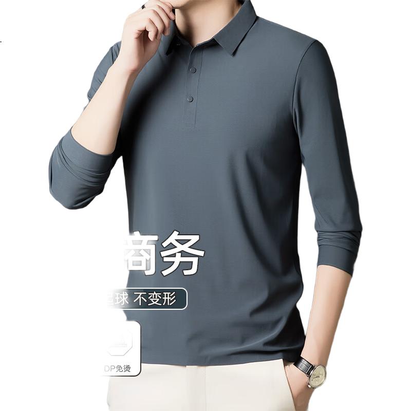 ROMON Men's Business Casual Polo Collar Long Sleeve T-Shirt Deep Color 3XL