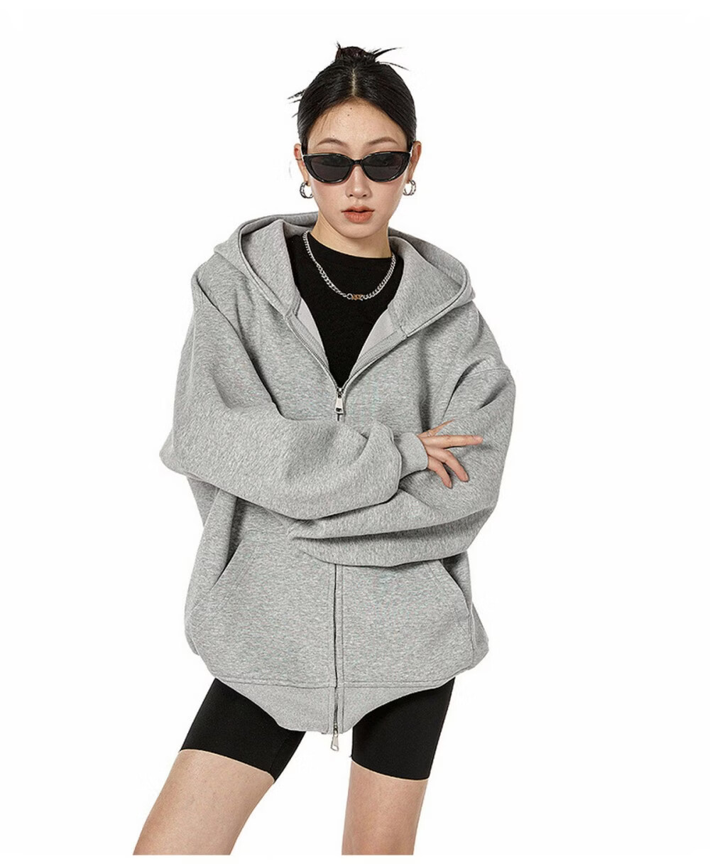 ICH MODE Women's American Style Hoodie Jacket 2026 Spring Autumn New Loose Fit Zip-up Lazy Long Sleeve Top Black S 8