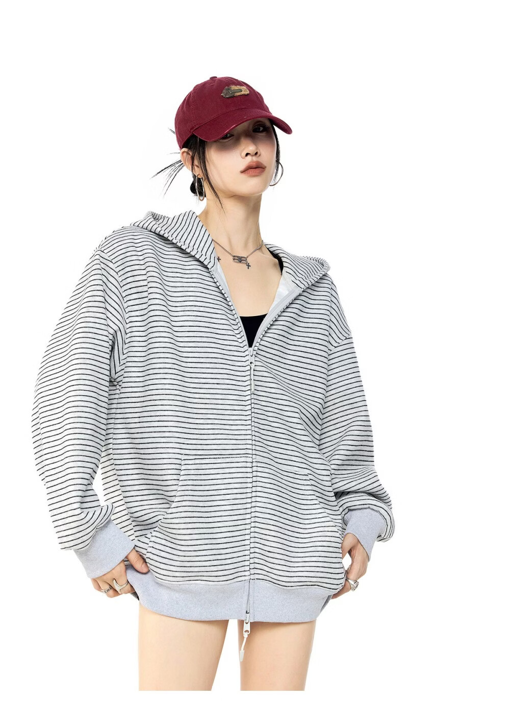 ICH MODE Celebrity Style Striped Hoodie Cardigan Sweatshirt for Women Spring Autumn New Sports Jacket Black M 22