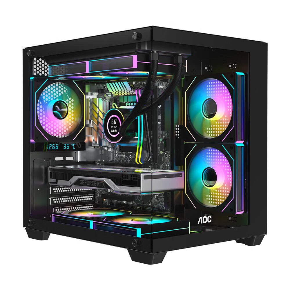 AOC Seaview CG391B Case + T122RB Fan 3-Pack Set (M-ATX Pillarless Double-Sided Side-Transparent Seaview Case, Supports 240mm Water Cooling, ARGB Temperature-Controlled Fans)