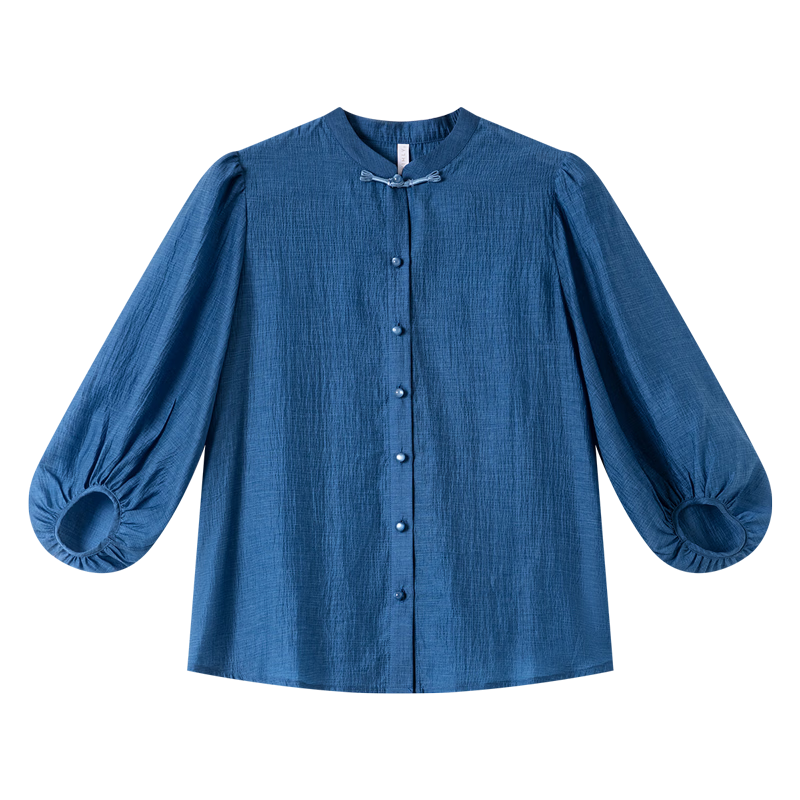 Vimly New Chinese Style National Wind Pleated Round Neck Shirt Women New Flowing Shoulder Jacket Top Peacock Blue XL