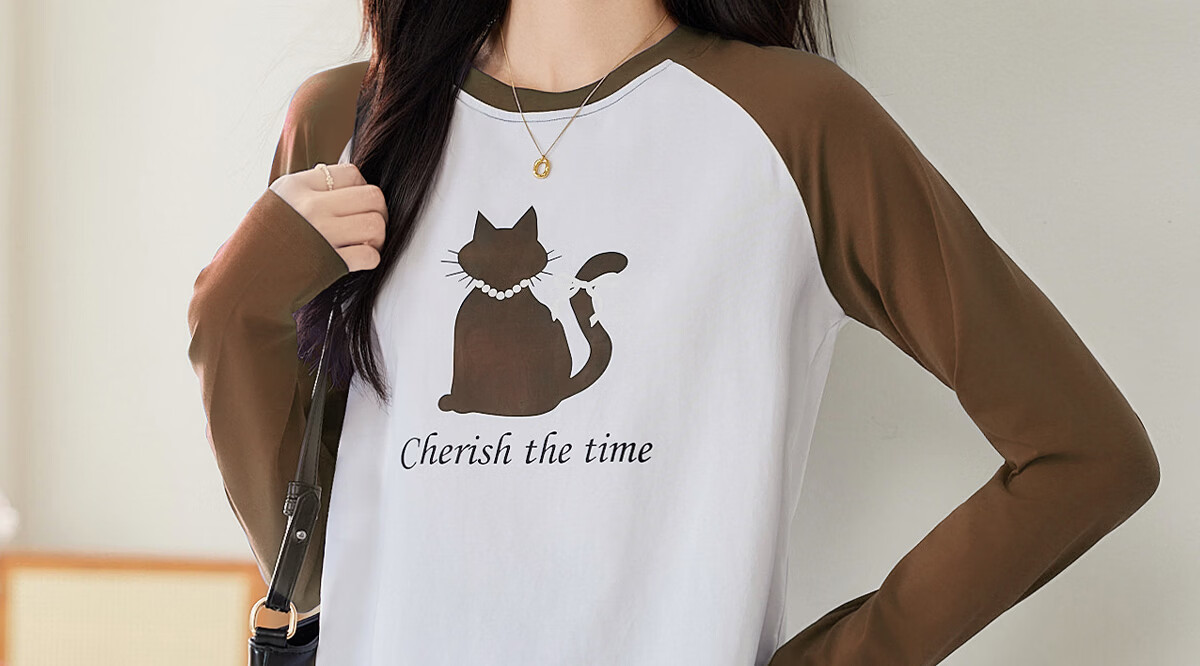 Pincai Women's Long Sleeve T-Shirt Cute Cat Print Colorblock Crew Neck Raglan Sleeve Trendy Top P143T2027 20