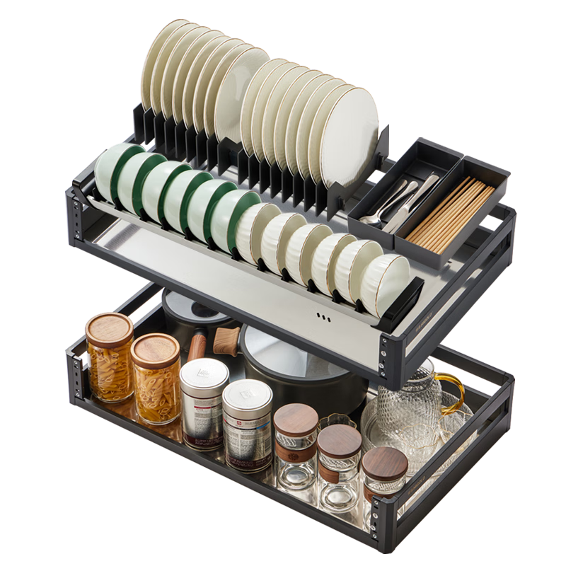 HIGOLD Kitchen Cabinet Pull-Out Basket 304 Stainless Steel Double-Layer Drawer Dish Rack Storage Shelf