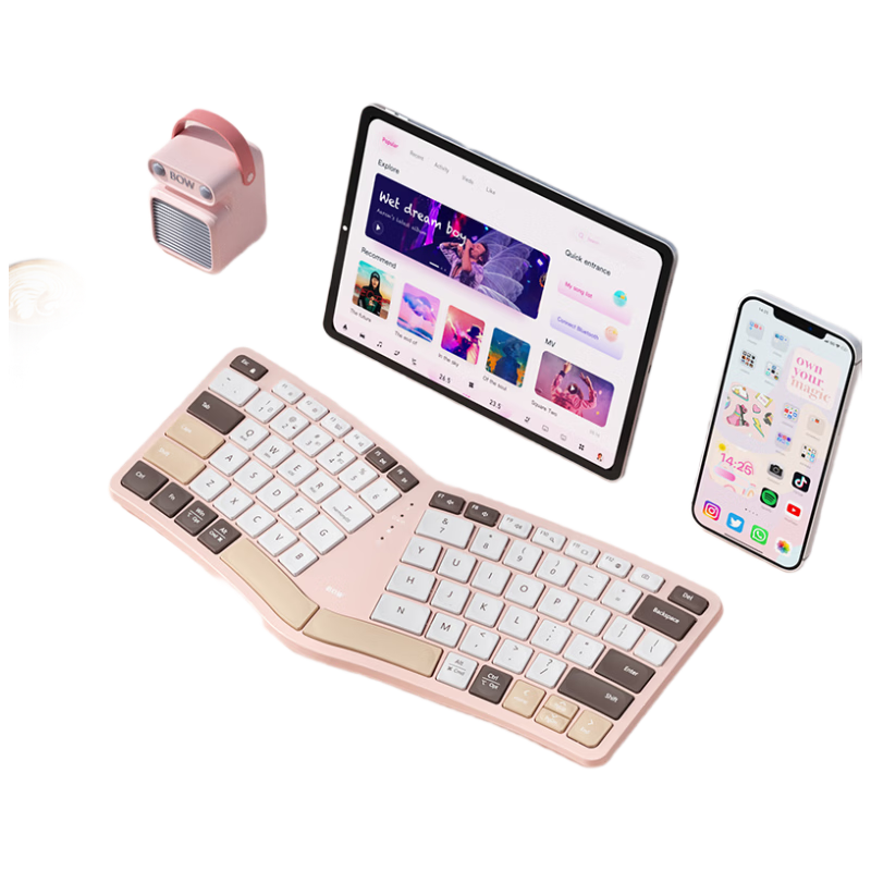 B.O.W Hangshi HD429CL Ergonomic Tri-Mode Keyboard for iPad Tablet Bluetooth Wireless Mobile Typing Accessory Portable Laptop Silent Office Use Milk Coffee Color