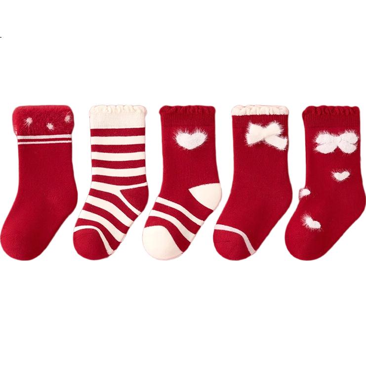 Mianqixiong Baby Socks Autumn Winter Thickened New Year Terry Socks Infant Girls Warm Red Mid-Calf Socks Winter Toddler