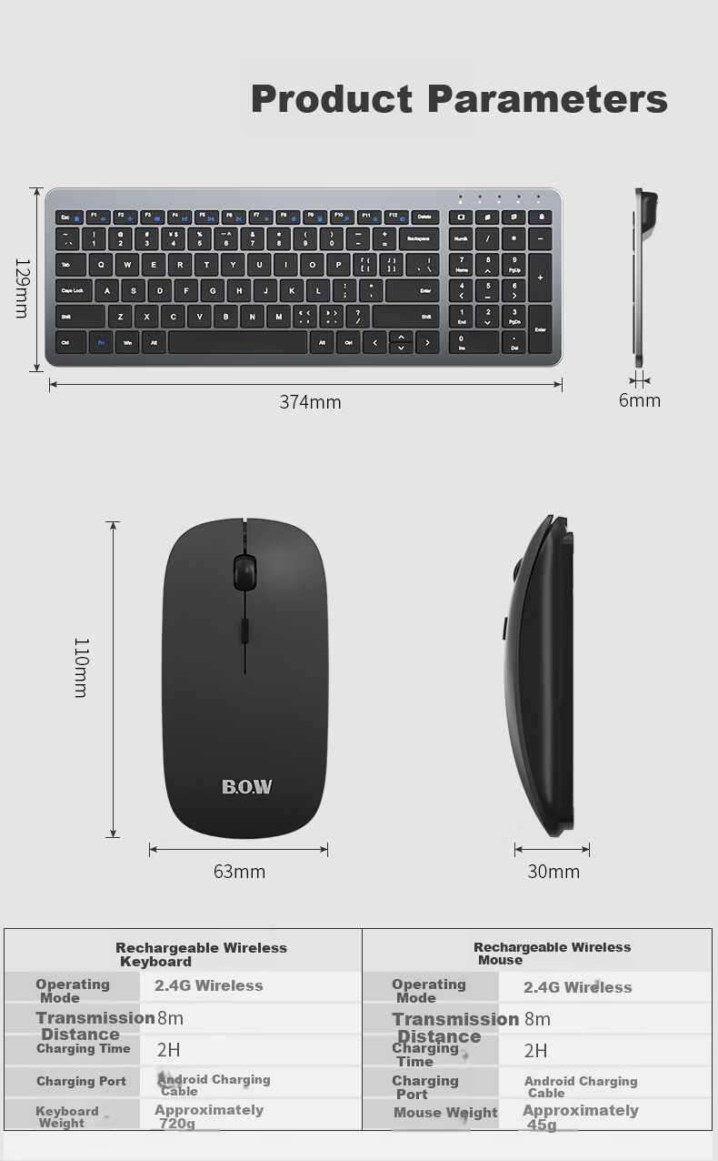B.O.W Hangshi HW198DL-2 Rechargeable Ultra-thin Wireless Keyboard and Mouse Set for Laptop Desktop External Silent USB Small Business Office Home Use Silver White 9