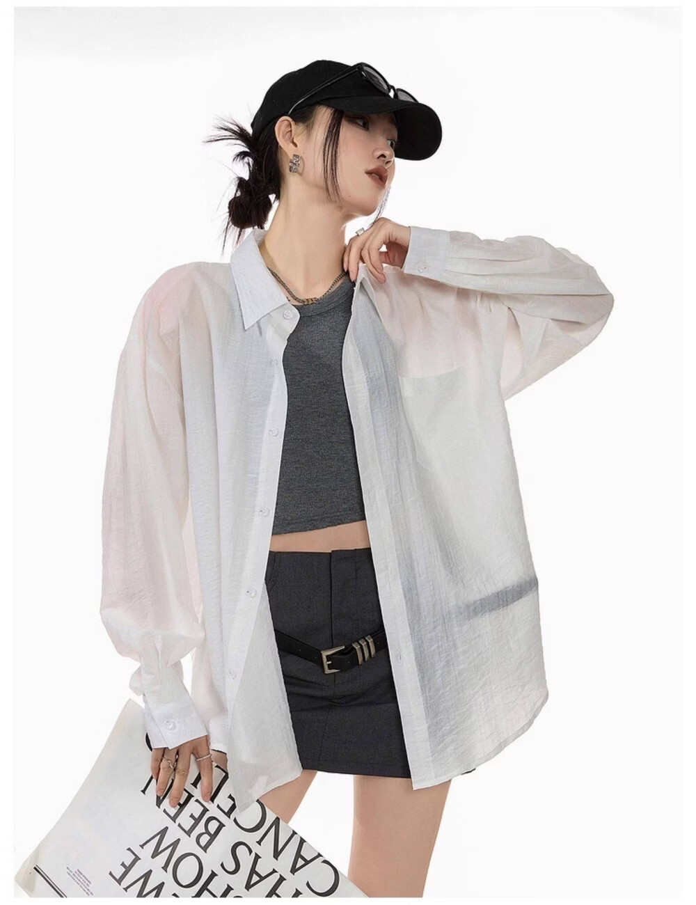 ICH MODE American Style White Shirt Women Summer Loose Physical Sun Protection Shirt Jacket Long Sleeve Top Blue XL 22