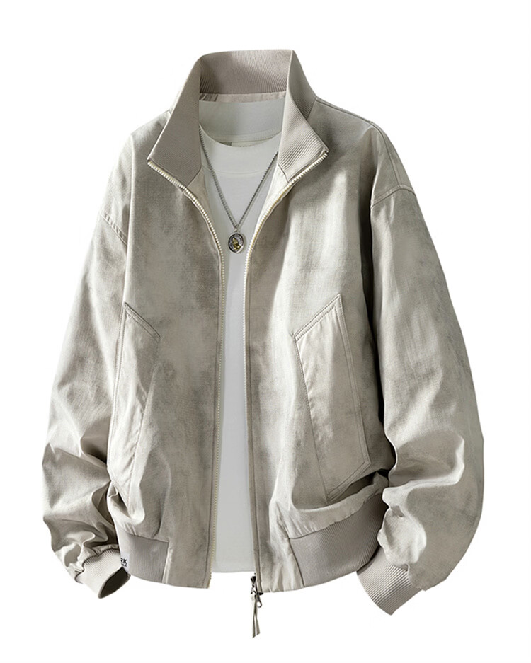 MARK FAIRWHALE Men's Spring Autumn American Tie-Dye Casual Jacket Stand Collar Baseball Coat Khaki L 2