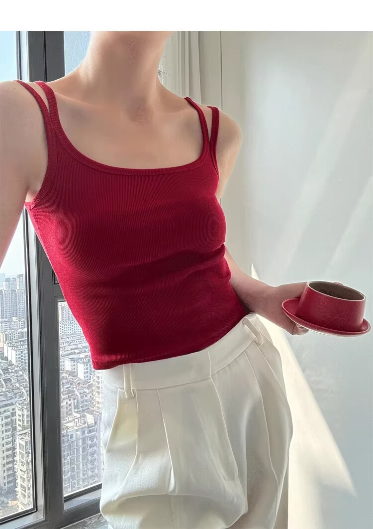 La Chapelle Red Spaghetti Strap Tank Top for Women Summer Outerwear with Built-in Padded Bra, Beautiful Back Inner Wear, Wine Red XL 11