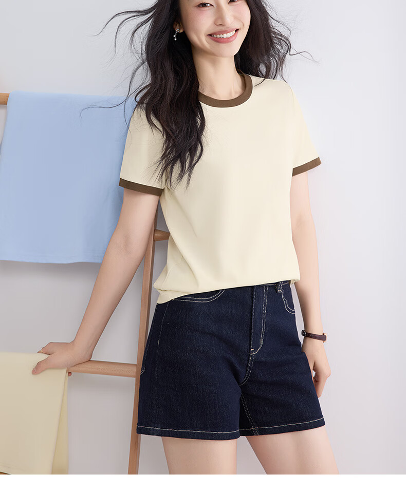 Urban Beauty Pure Cotton Short Sleeve Women's T-Shirt Summer 2026 New Plus Size Slimming Top Petite Color Block Casual Tee 8