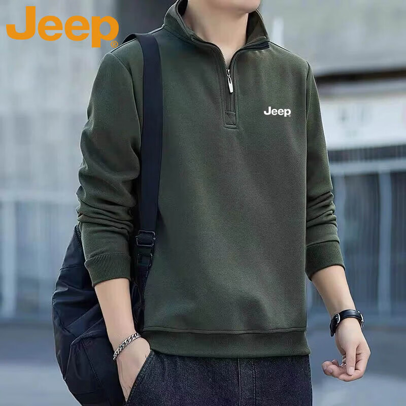 JEEP Men's Sweatshirt, Spring And Autumn Long-Sleeve T-Shirt, Casual Loose-Fitting Top, Undershirt for Fall, Army Green, XL