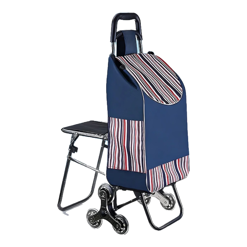 Honggong Foldable Lightweight Shopping Cart with Seat, Red Striped Design, Elderly Stair-Climbing Trolley