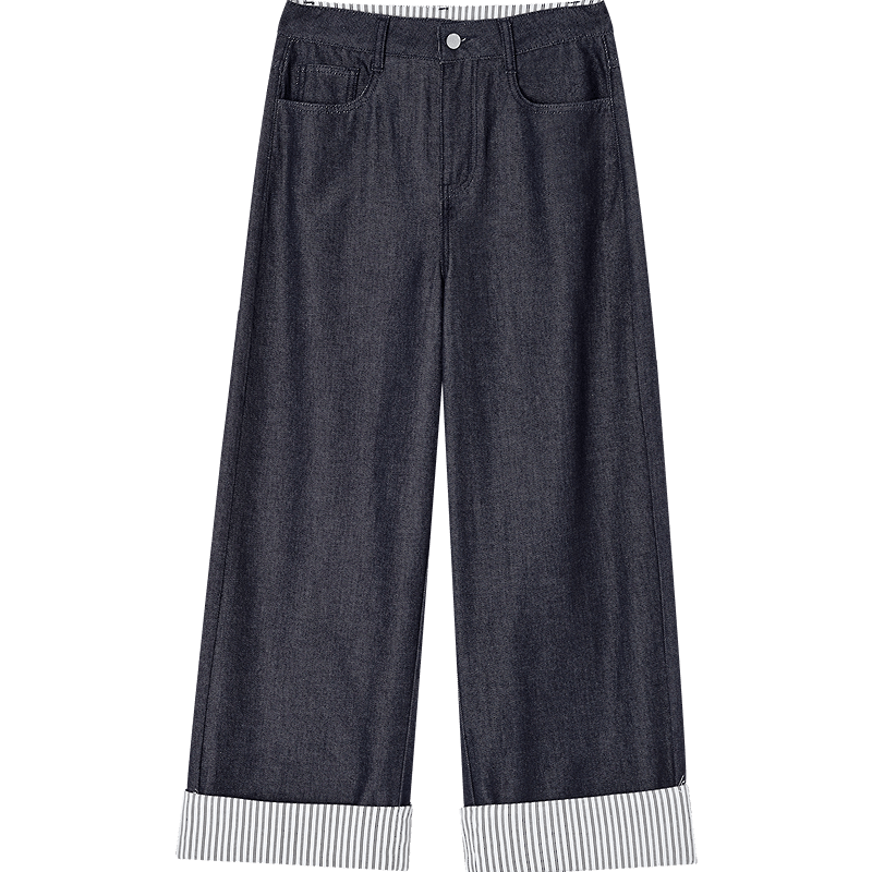 Demana [Cloud Feel Cotton Blend] Spring High-Waist Straight-Leg Striped Patchwork Cuffed Petite Elegant Women's Jeans