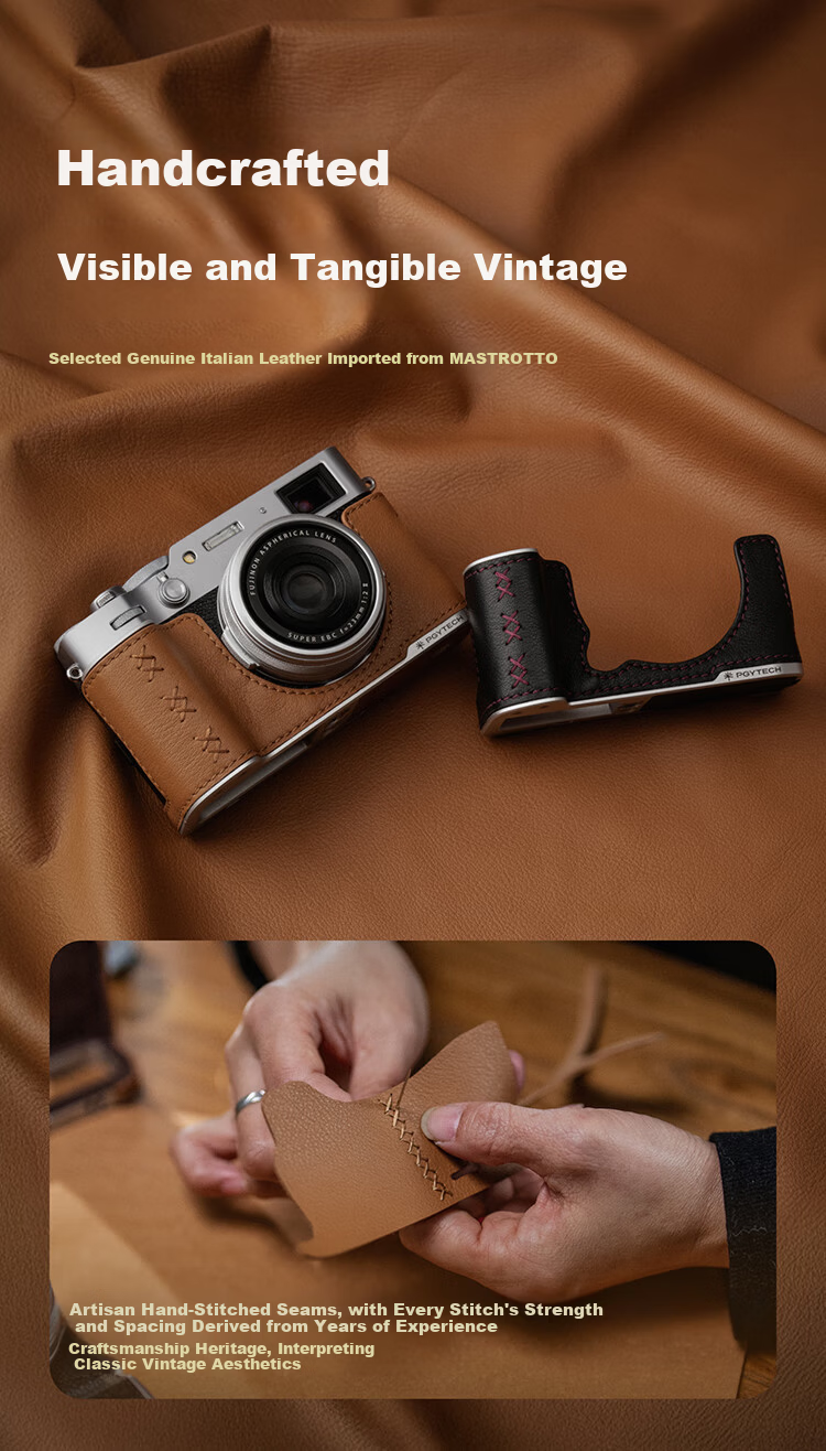 PGYTECH Fuji X100VI Camera Case Vintage Cowhide Leather Camera Bag Retro Artistic Mirrorless Leather Shell Genuine Leather Protective Case Metal Base Camera Inner Liner Protective Case Midnight Black 2