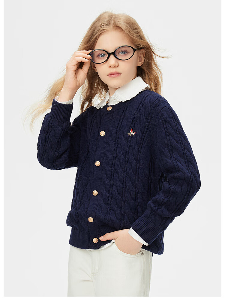 Navigare Girls' Sweater New Spring Children's Cardigan Versatile Twist Knit Deep Blue 130 3
