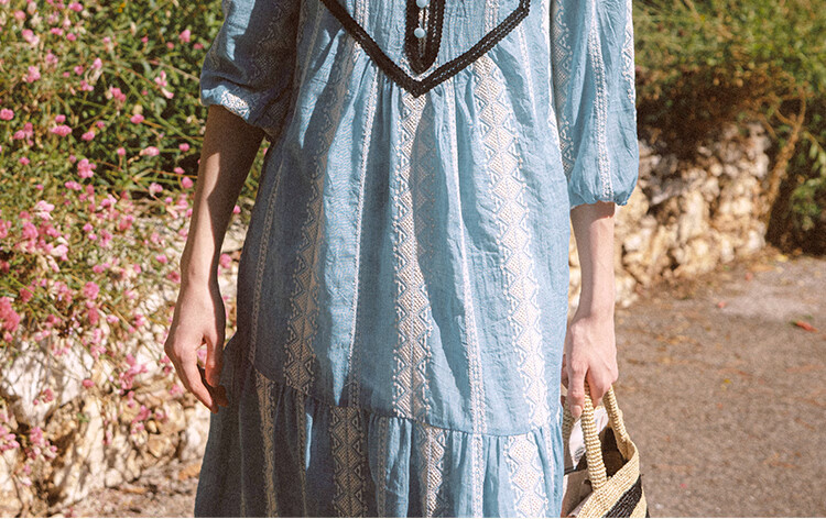 AtlanticBeach New French Style Seaside Vacation Dress Women Autumn Loose V-Neck Embroidered Mid-Length Cover-Up Sun Protection Wrap Dress 10