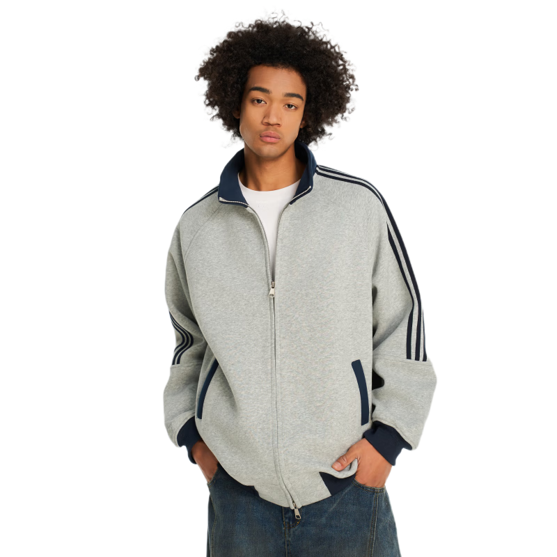 Dingfengbaoluo Spring Jacket, American-Style Sports Baseball Coat, Patchwork Zipper Cardigan, Casual Outerwear, STR02 White And Gray, Size L