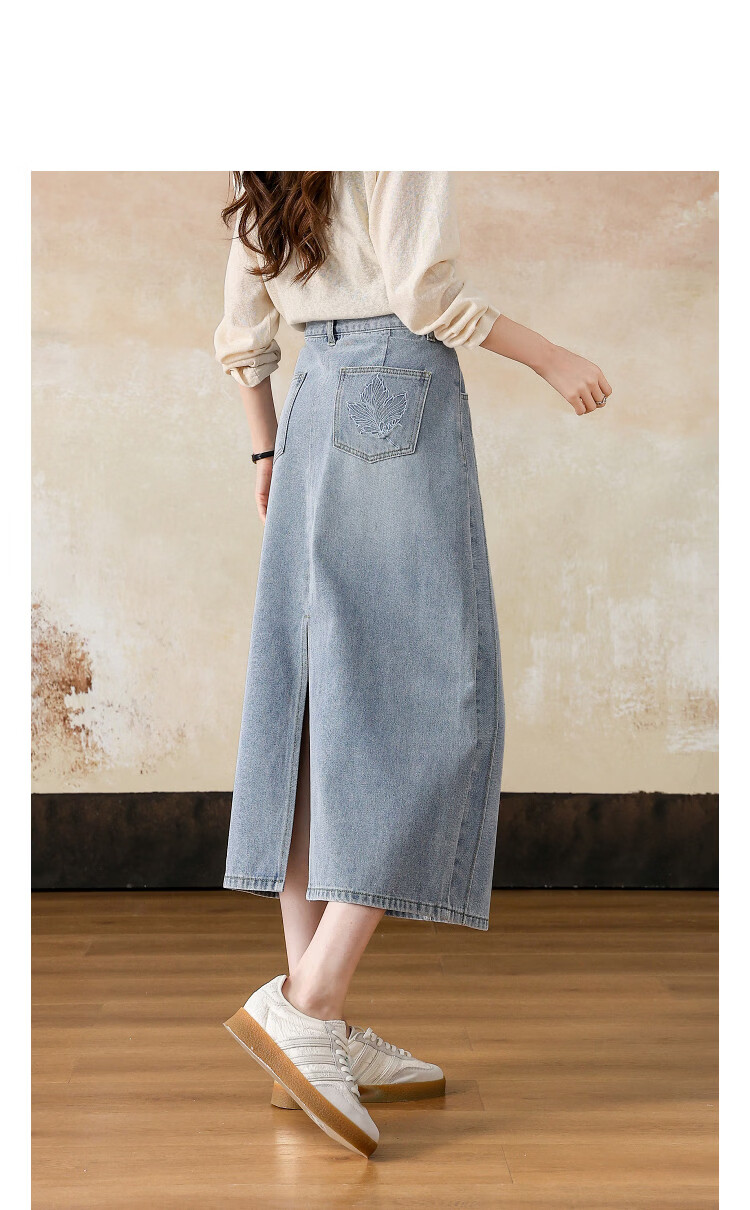 Demana [Cloud Soft 100 Cotton] Spring Simple Style Embroidered Slit Straight Small Female Denim Skirt 13