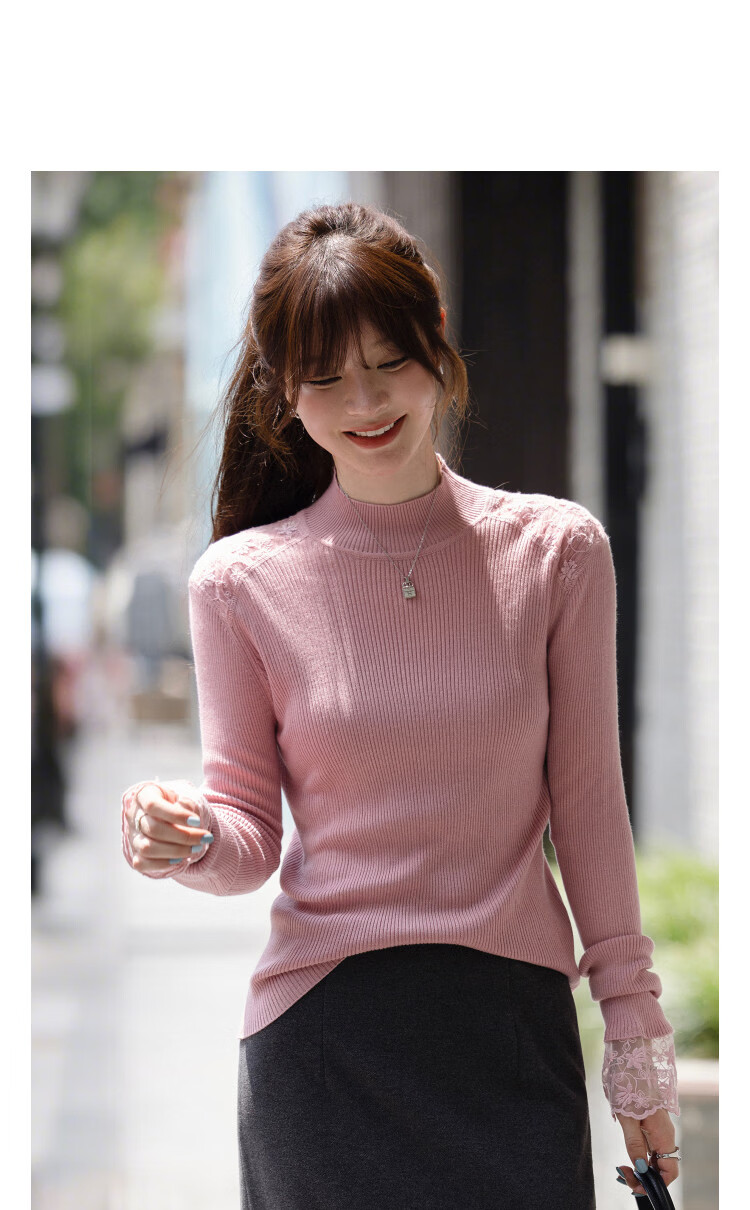 Demana Winter Half Turtleneck Lace Splice Wool Blend Ribbed Jacquard Slim Fit Knit Sweater Top 14