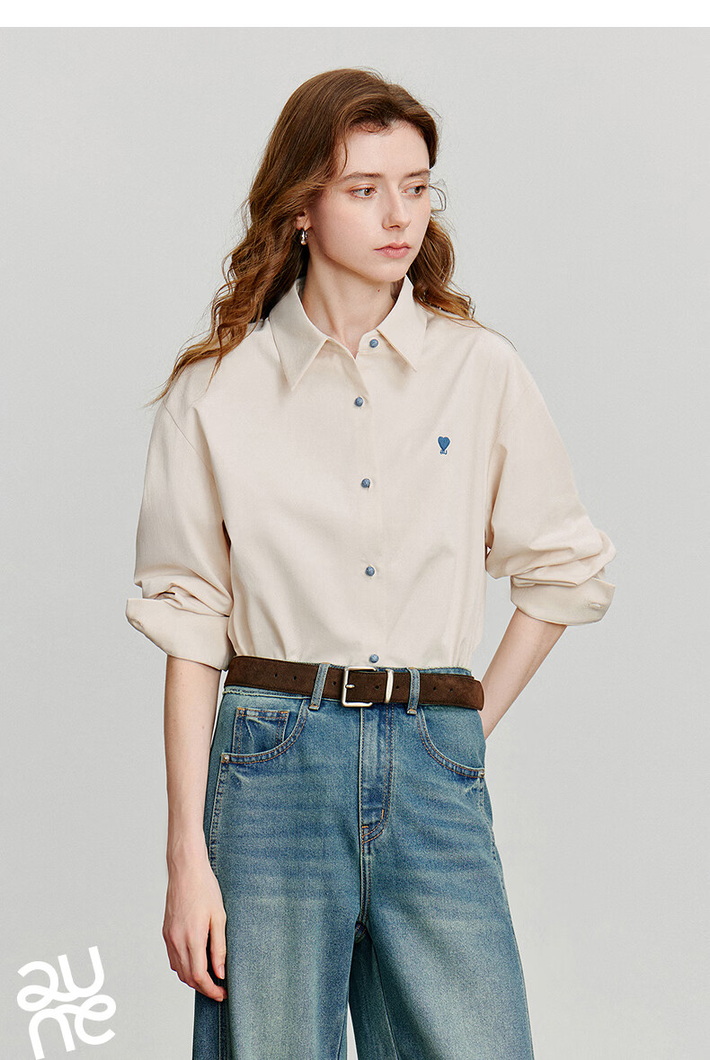 Chuyua Heart Embroidery Shirt Women 2025 Autumn New Simple Versatile Solid Color Pure Cotton Blouse White L 25