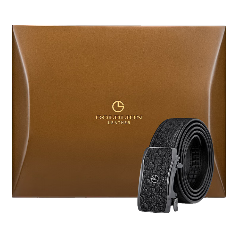 Goldlion Belt with Automatic Buckle, Inner Buckle Waist Belt, Ostrich Leather High-End Wooden Gift Box Trouser Belt, Birthday Gift Present