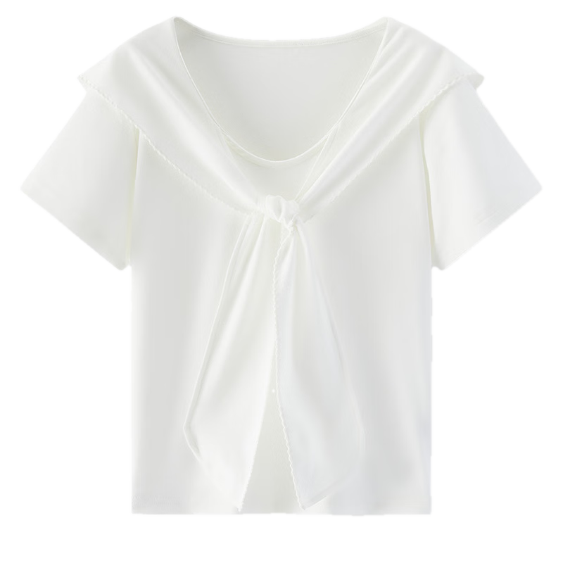Semir Women's Summer Short Sleeve T-Shirt 2026 Lace Shoulder Shawl Collar Fake Two-Piece Slim Top 109326100024