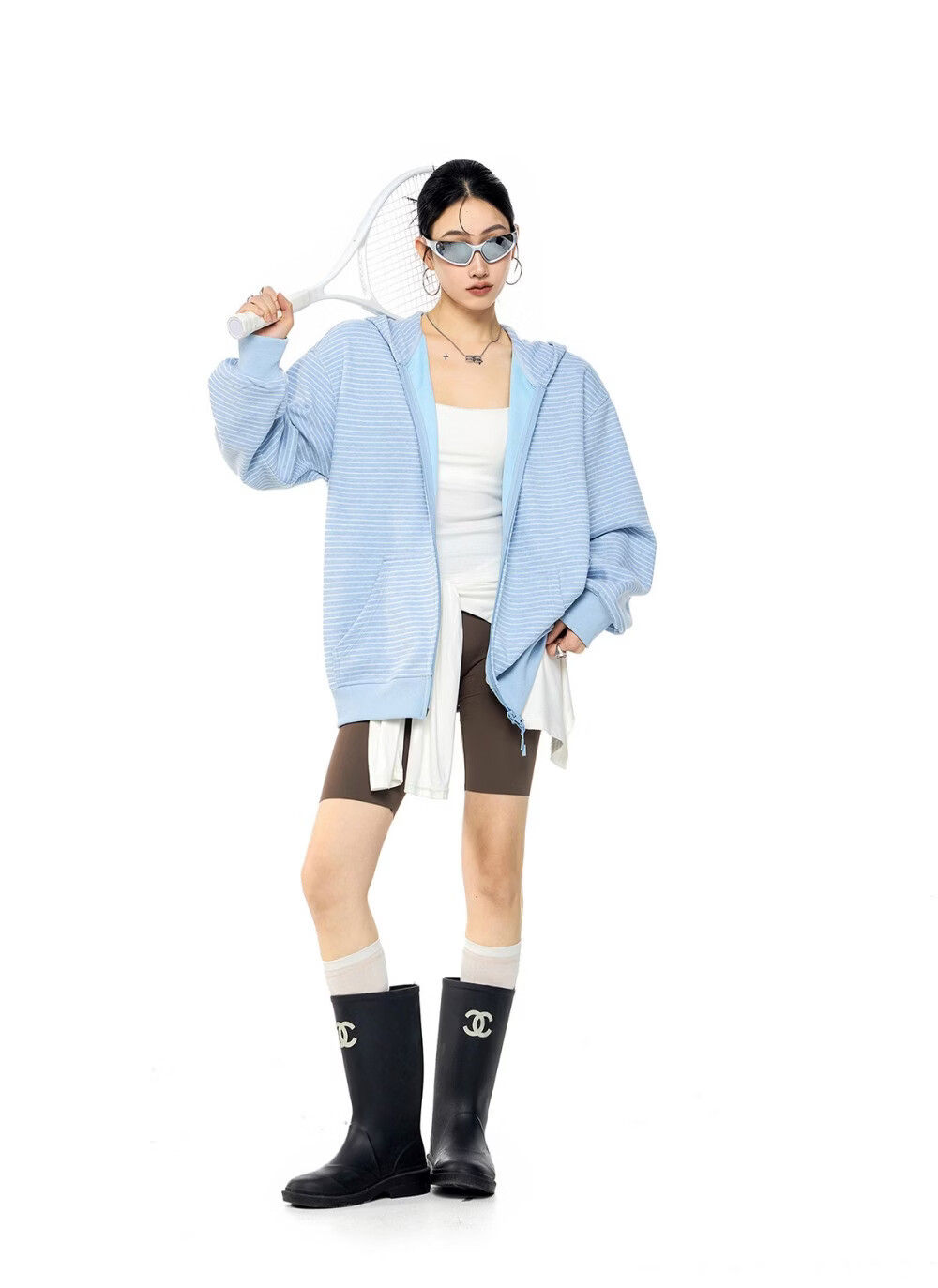 ICH MODE Celebrity Style Striped Hoodie Cardigan Sweatshirt for Women Spring Autumn New Sports Jacket Black M 5