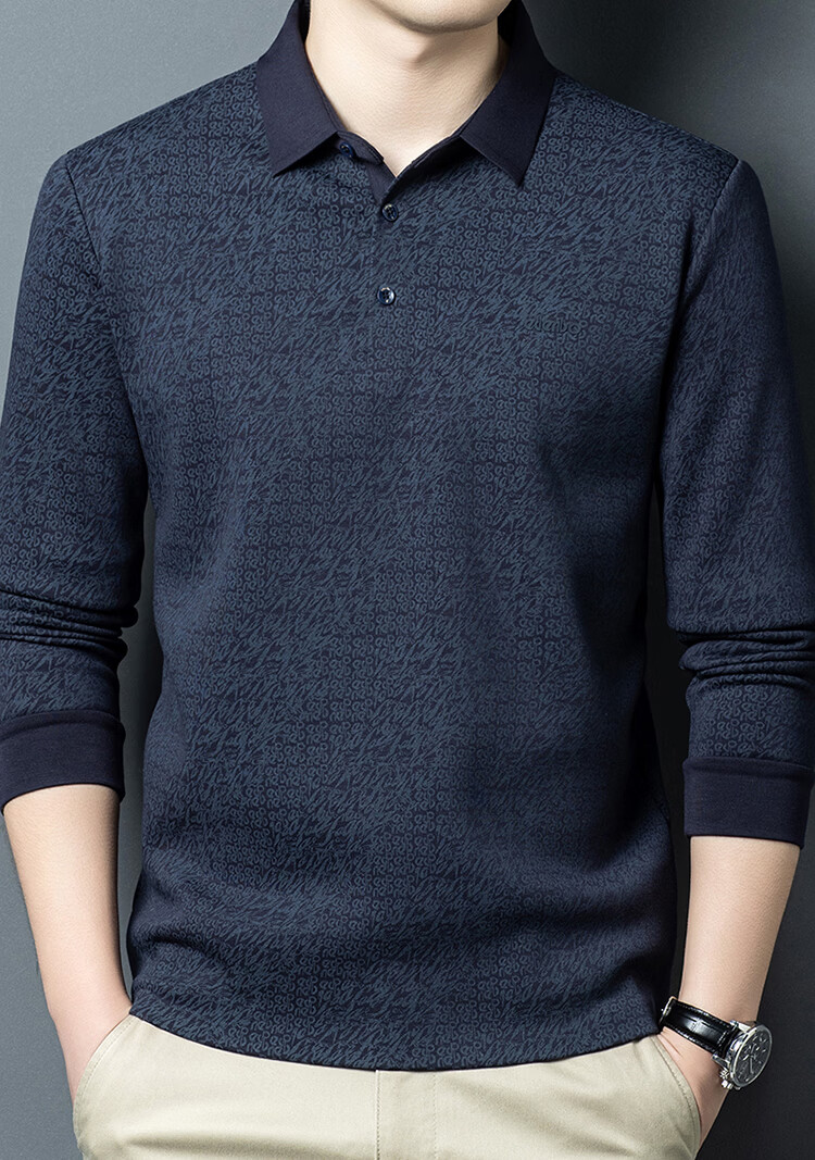 Edenbo Men's Long Sleeve Fleece-Lined Polo Shirt Autumn Winter Full Print Warm Top Dark Blue 180/96A (2XL) 2