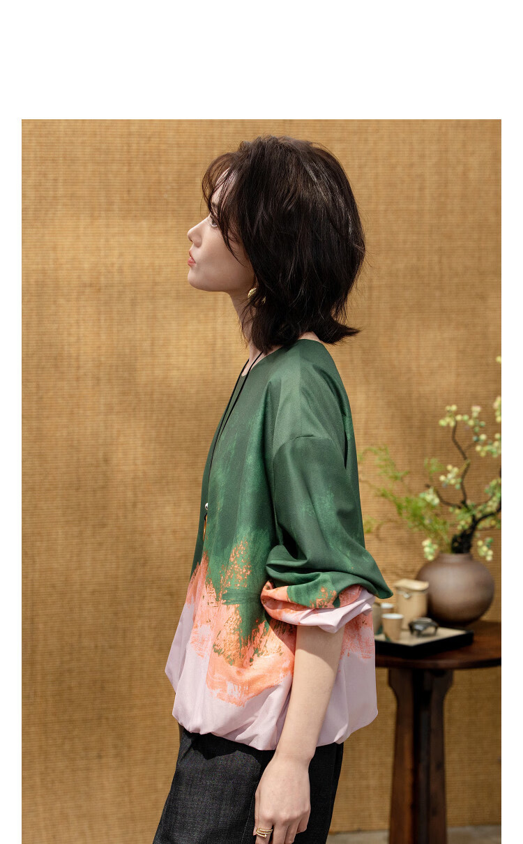 Demana "Poetic Romance" Spring Gradient Placement Dyeing Printed Round Neck Loose Fit Petite Women's Shirt 11