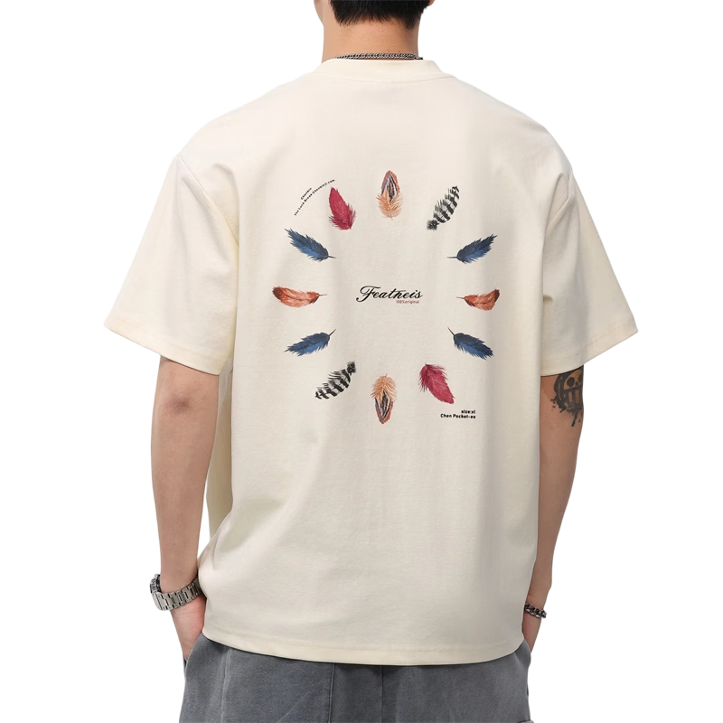 MARK FAIRWHALE Men's Summer Heavyweight Cotton Short Sleeve T-Shirt Fashion Printed Casual Tee Apricot S