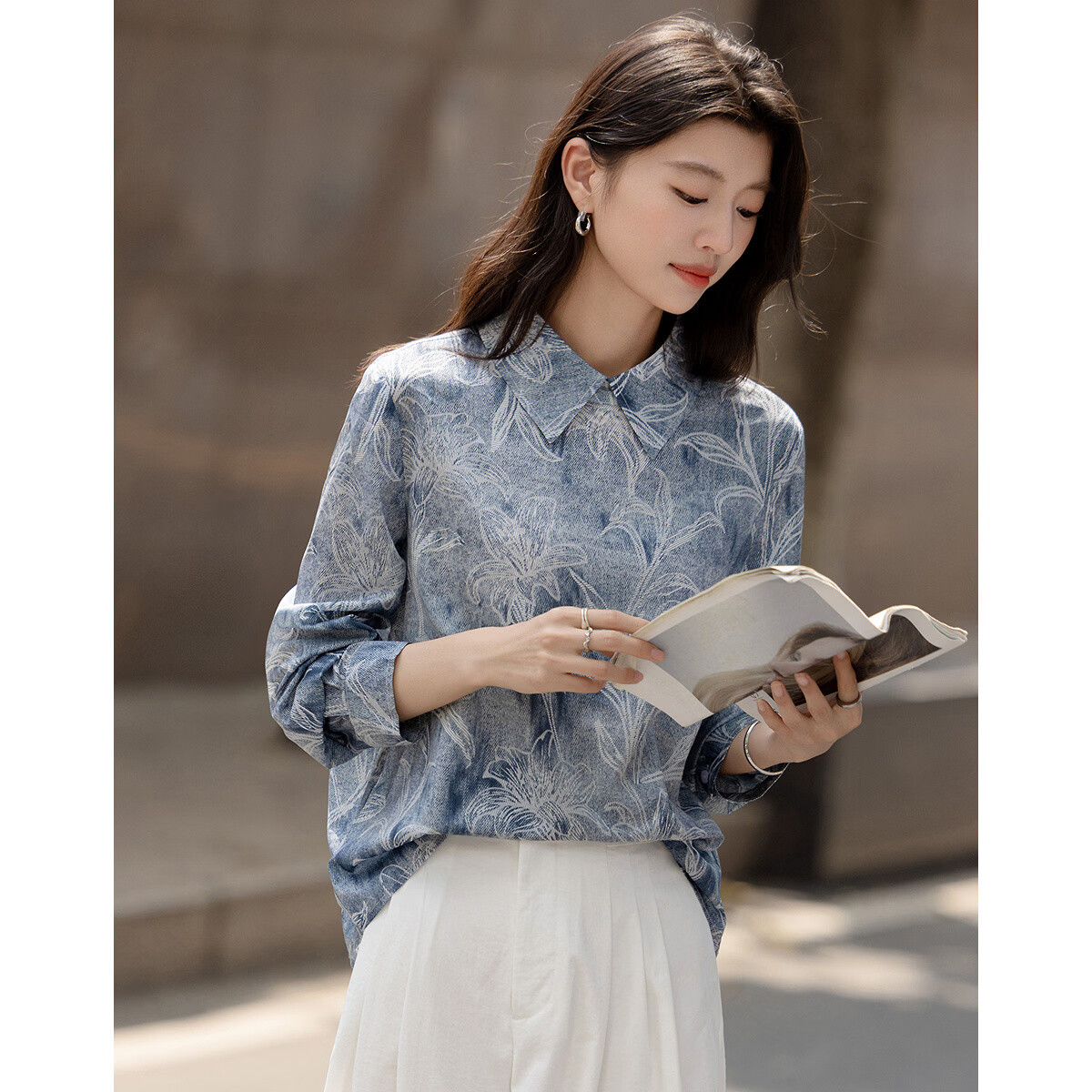 Demana Ink Tie-Dye Spring Vintage Line Print Shirt with Back Collar Opening and Small Button Women's Top