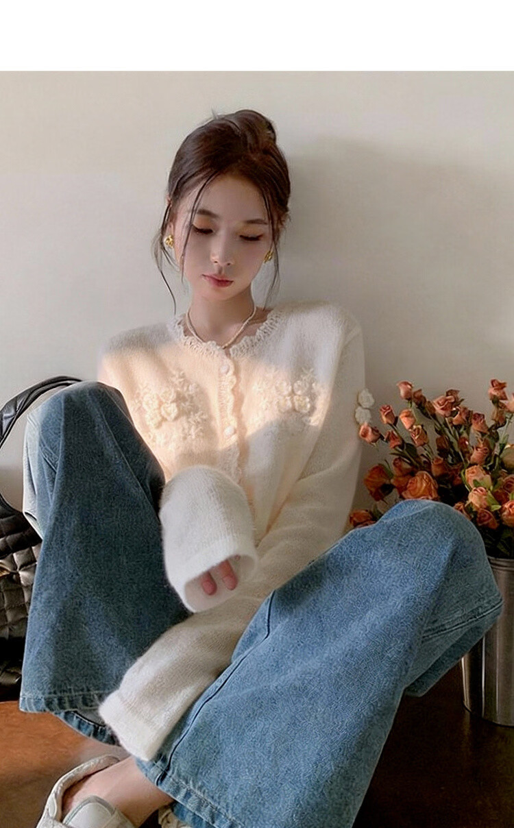 MT [Qiju Yunxu] Spring Gentle Style 3D Crochet Cardigan with Decorative Edging Soft Knit Women's Top 5