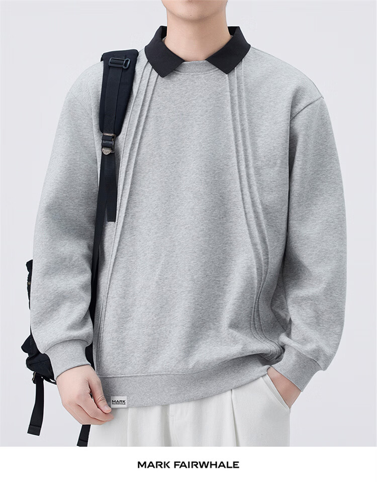 MARK FAIRWHALE Men's Sweatshirt Spring and Autumn Loose Casual Two-in-One Long Sleeve T-Shirt Men's Trendy Jacket Navy Blue XL 9