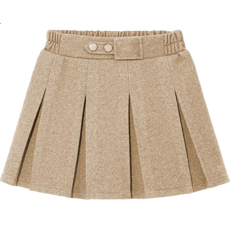 LUOBOBEIBEI Girls' Pleated Skirt, 2024 Autumn And Winter Korean Style Children's Preppy Style Girls' Woolen Midi Skirt, Khaki Color, Size 120