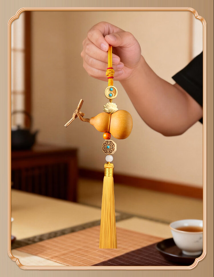 Binyue Natural Gourd Feng Shui Hanging Ornament, Five Emperors Coins Entrance Door Pair Hanging Ornament, Huangyang Wood Hanging Dragon Gourd, 2 Strings Set 7