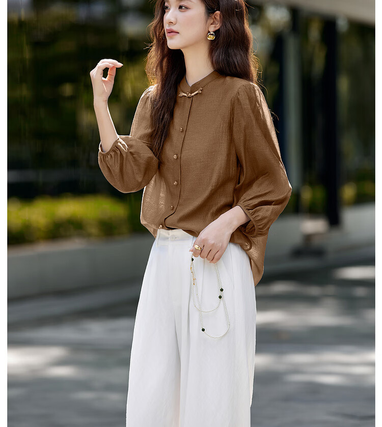 Vimly New Chinese Style National Wind Pleated Round Neck Shirt Women New Flowing Shoulder Jacket Top Peacock Blue XL 23