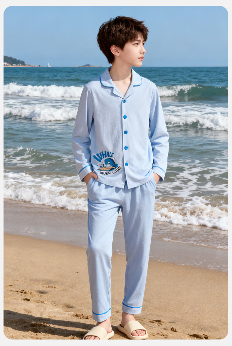 Dingguagua Children's Pajama Set, Spring And Summer Long-Sleeve Pure Cotton Boys' Loungewear, Class A Breathable, Blue, Size 130 3