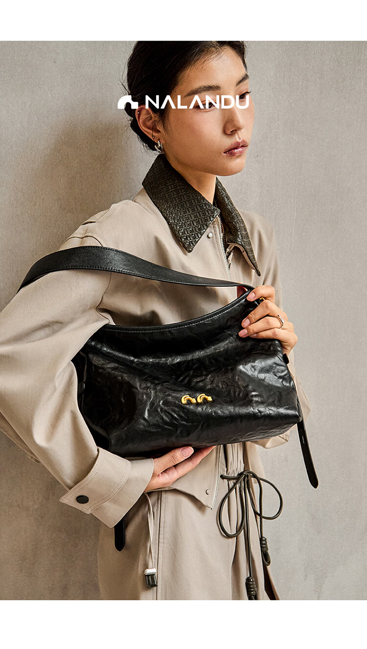 Nalandu [Dong Xuan Same Style] Black Stone Hobo Bag New Cowhide Underarm Shoulder Bag Birthday 38 Goddess Festival Gift 3