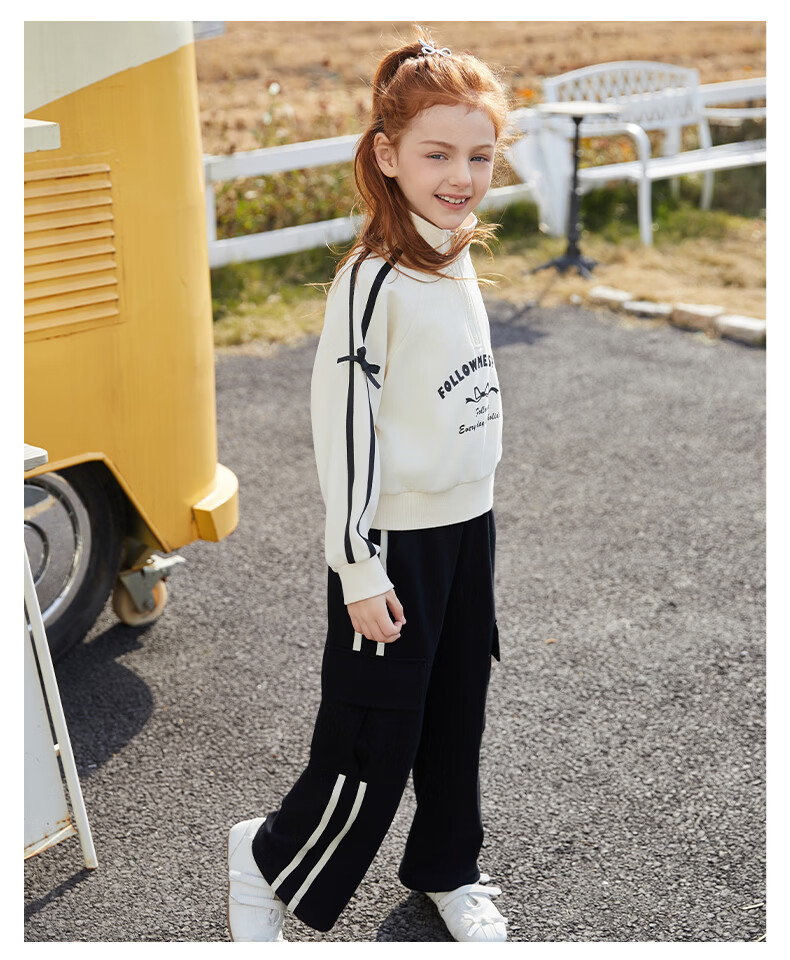 Follow Me Girls' Spring New Sweet Stylish Polo Collar Top and Casual Wide-Leg Pants Two-Piece Set Beige/Black 130 10