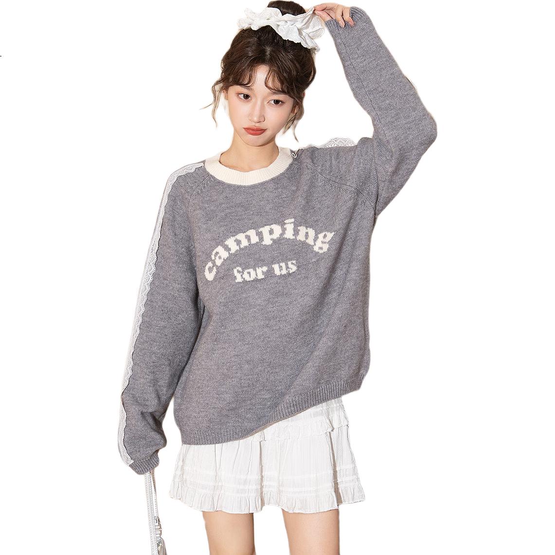 TonLion 2025 Autumn Winter Women's Crew Neck Color-Block Striped Front Text Knit Sweater