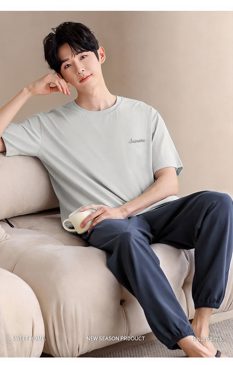 Yiershuang Men's Pure Cotton Summer Short Sleeve Pajamas 2026 New Antibacterial Mite-Resistant Casual Breathable Homewear Set Suitable for Outdoor Wear 2
