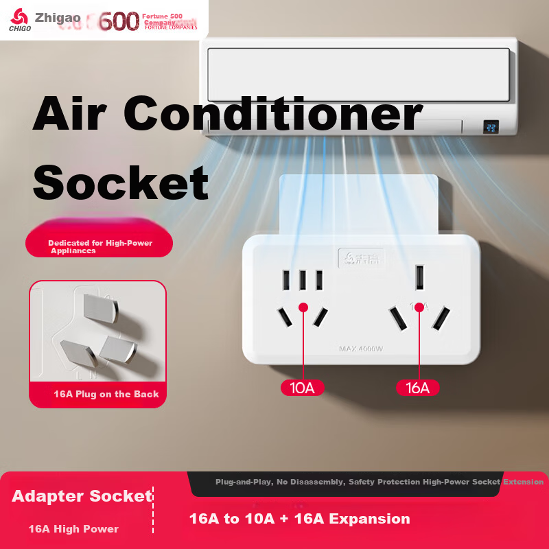 CHIGO 16A to 10A Socket Converter Adapter High Power Air Conditioner Water Heater Dual Wireless Extension 16A to 10A+16A White