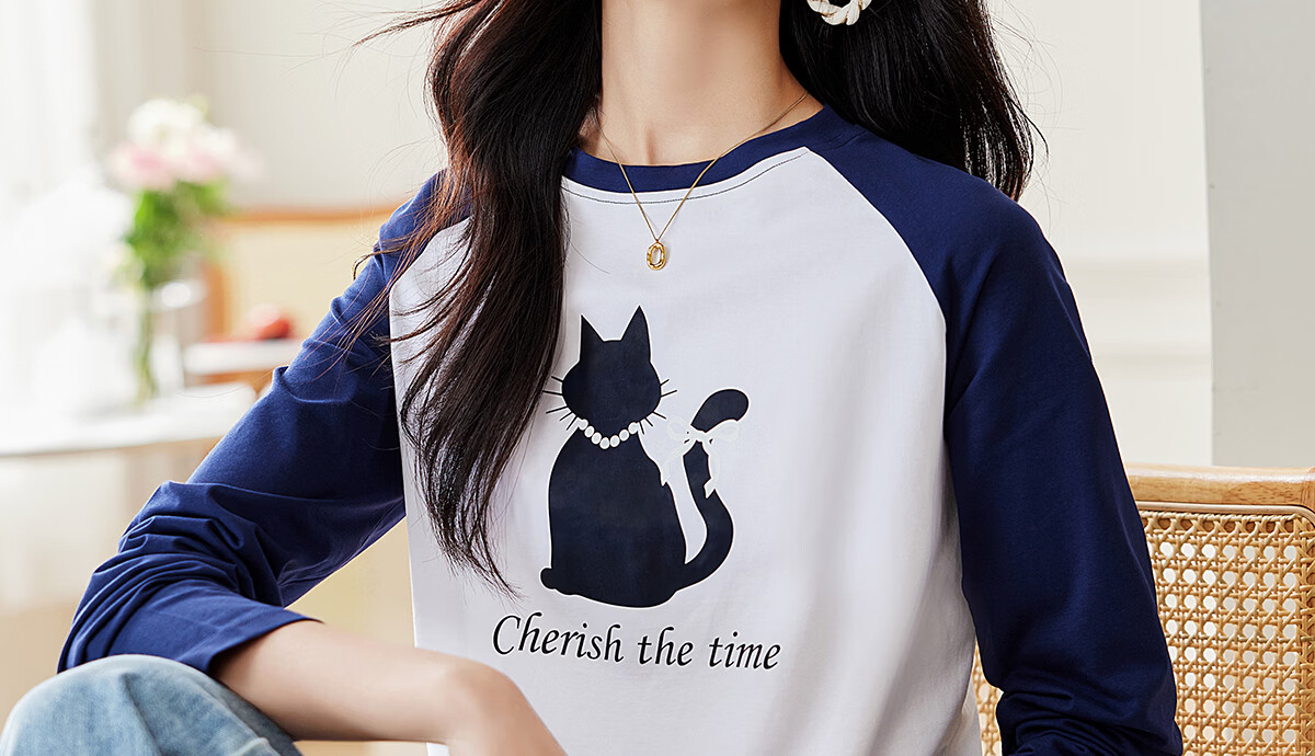 Pincai Women's Long Sleeve T-Shirt Cute Cat Print Colorblock Crew Neck Raglan Sleeve Trendy Top P143T2027 9