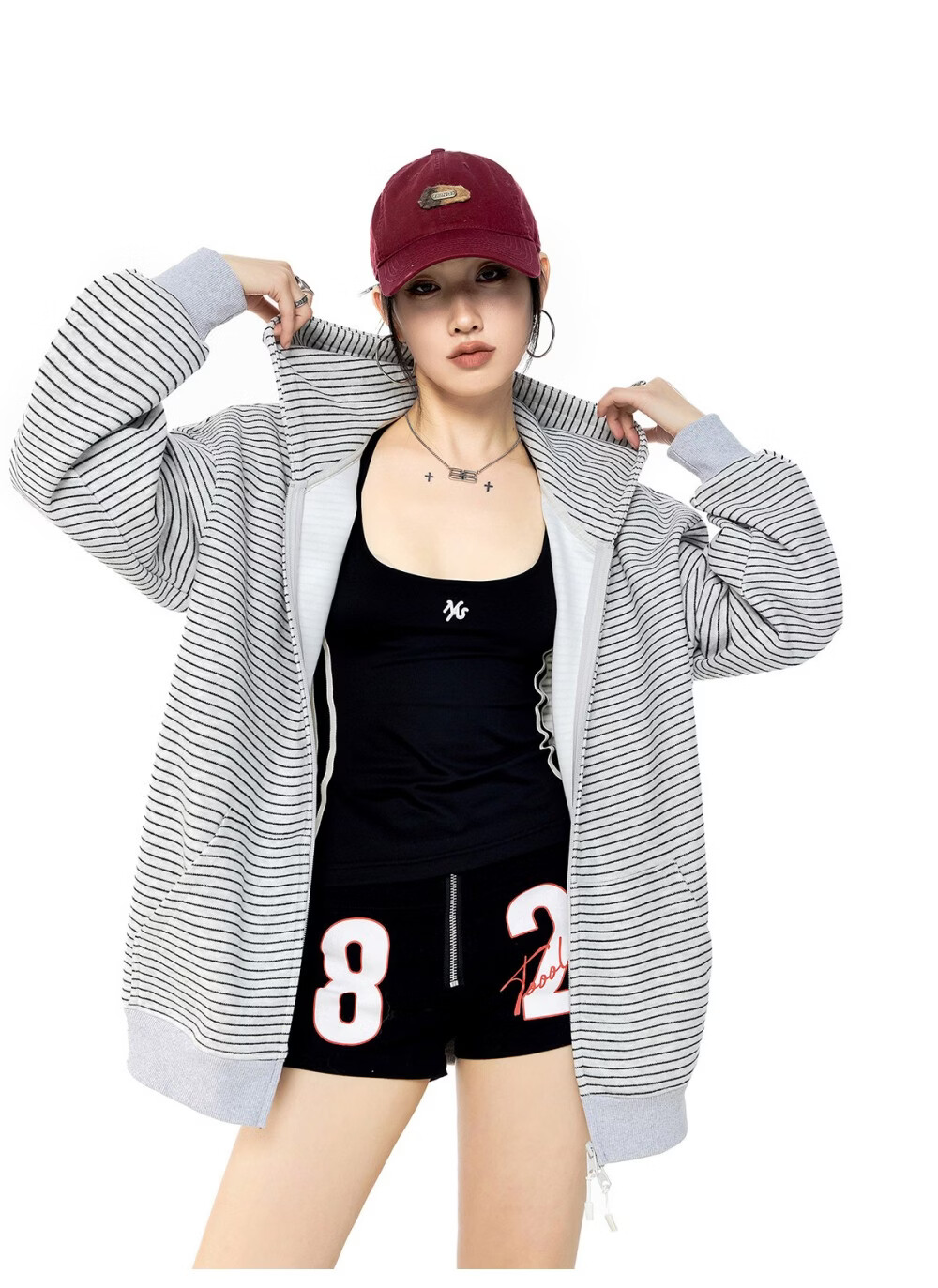 ICH MODE Celebrity Style Striped Hoodie Cardigan Sweatshirt for Women Spring Autumn New Sports Jacket Black M 23